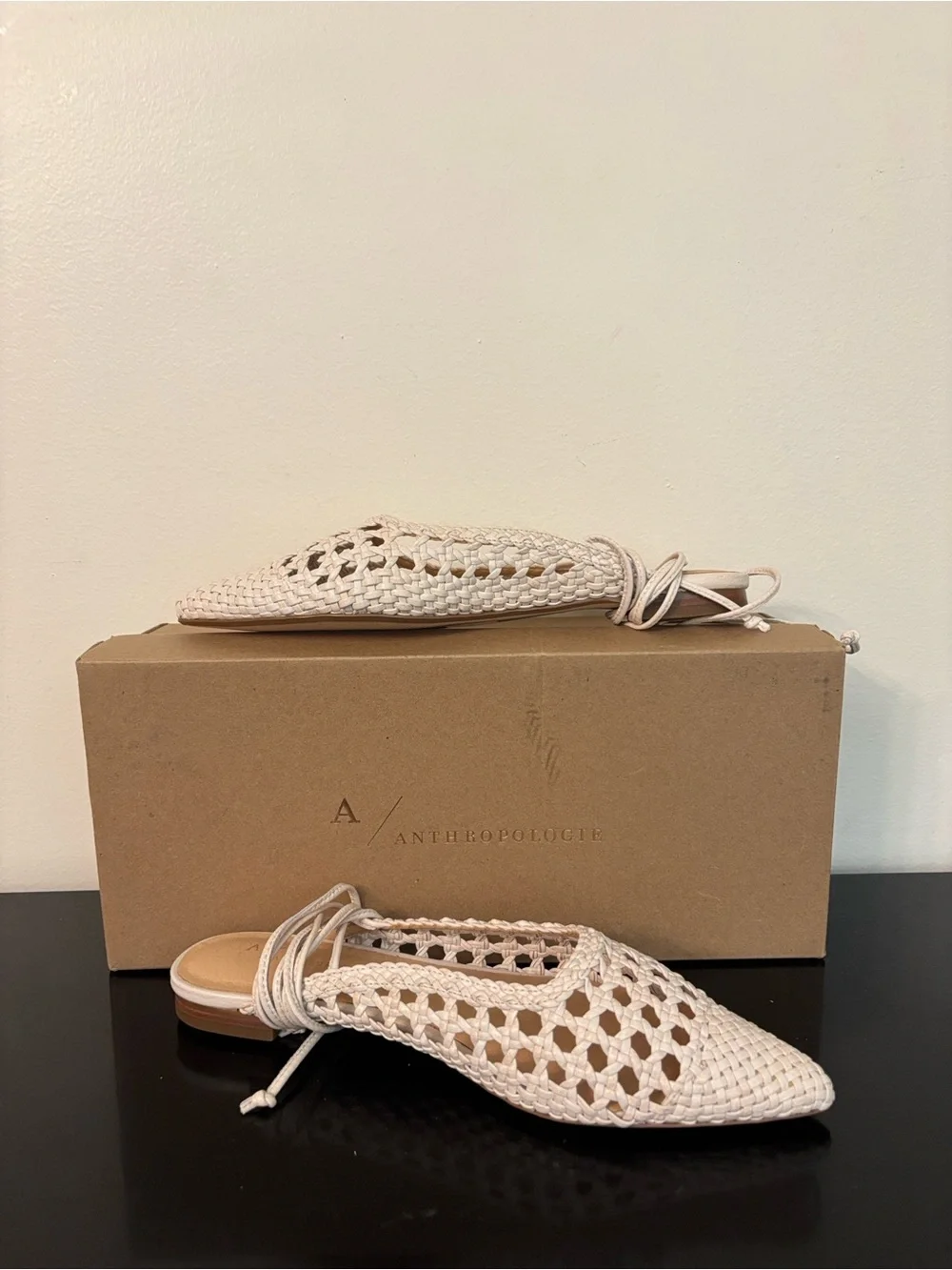Anthropologie Minghui Woven Leather Pointed-Toe Lace-Up Flats